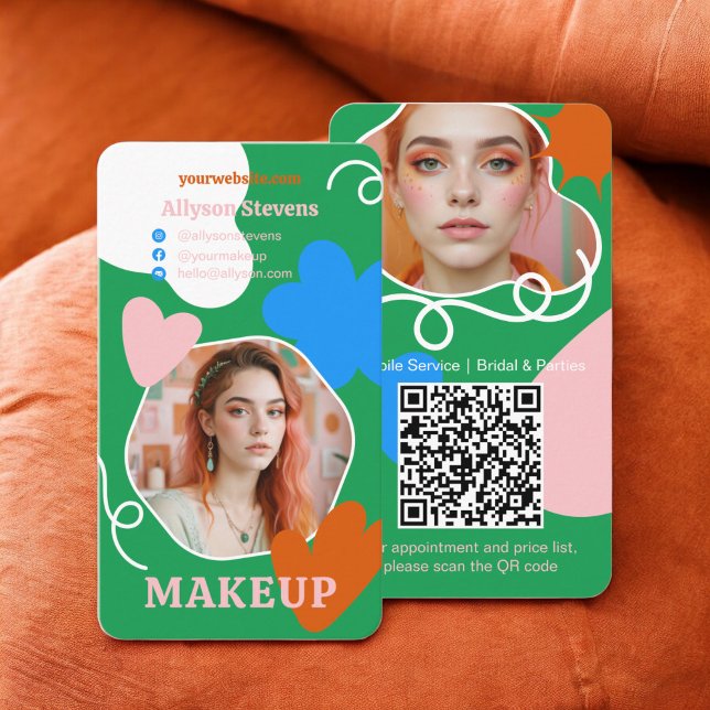 Retro boho Makeup beauty shapes photo qr code Business Card (Retro boho Makeup beauty shapes photo qr code Business Card green)