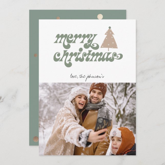 Retro Boho Merry Christmas Photo Holiday Card (Front/Back)