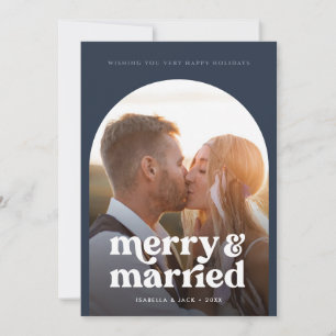 Retro Boho Merry Married Navy Photo Holiday Card