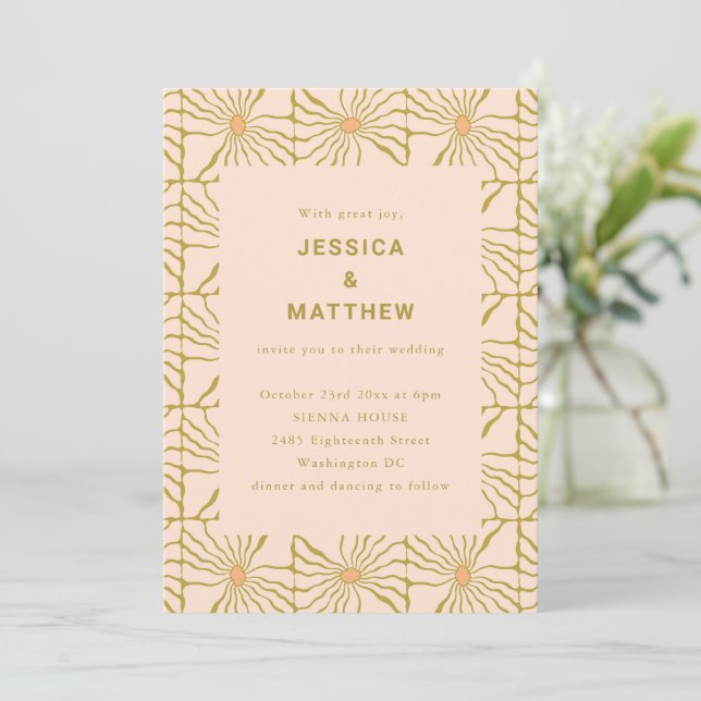 Retro Boho Mustard Floral Tile QR Code Wedding Invitation (Standing Front)