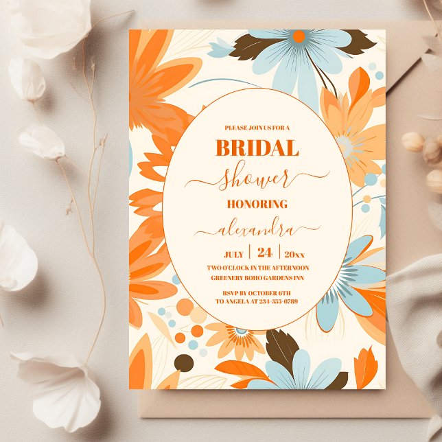 Retro Boho Orange Blue Floral Groovy Wedding Invitation (Creator Uploaded)