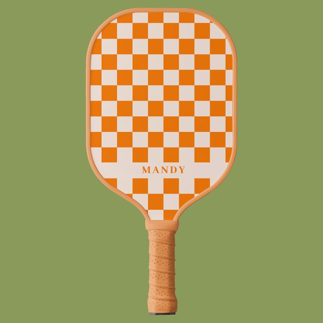 Retro Boho Orange Checkerboard Custom Name Pickleball Paddle (Orange and Beige Checkerboard Custom Name Pickleball Paddle)