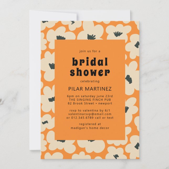 Retro Boho Orange White Floral Bridal Shower Invitation (Front)