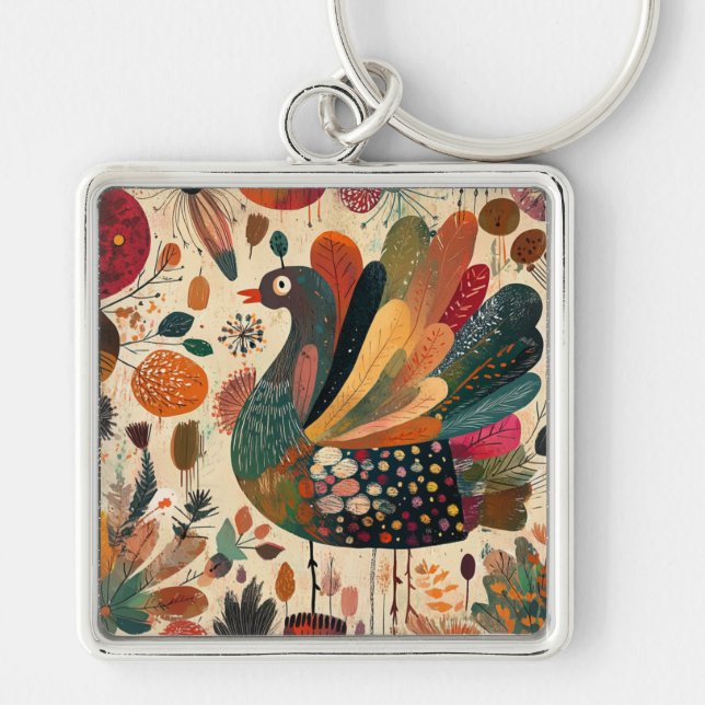 Retro Boho Patchwork Fall Turkey Key Ring (Front)