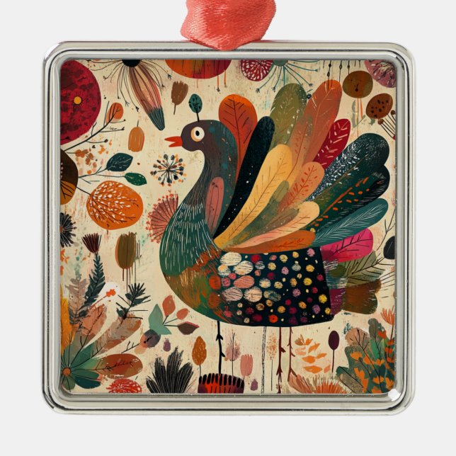 Retro Boho Patchwork Fall Turkey Metal Tree Decoration (Front)