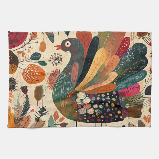 Retro Boho Patchwork Fall Turkey Tea Towel (Horizontal)