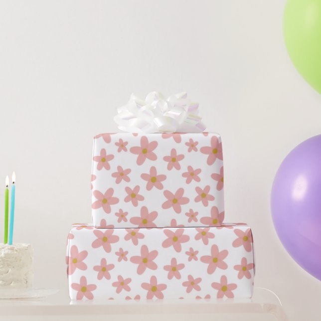 Retro Boho Pink and White Daisies Girls  Wrapping Paper (Party Gifts)