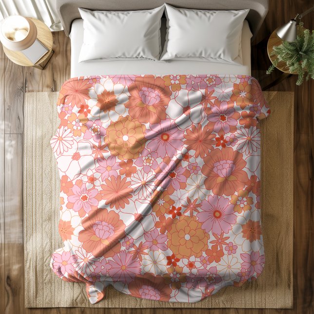 Retro Boho Pink Orange Floral Cute Flowers Fleece Blanket (Creator Uploaded)