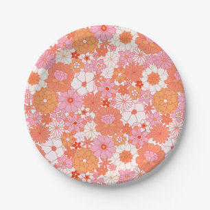 Retro Boho Pink Orange Floral Cute Flowers Paper Plate