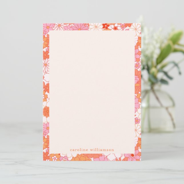 Retro Boho Pink Orange Floral Personalised Name Card (Standing Front)