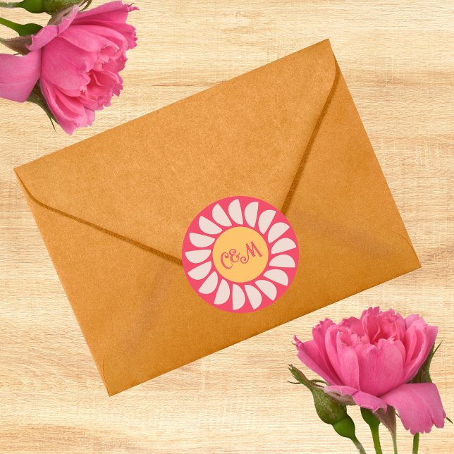 Retro Boho Pink & Orange floral Wedding Monogram  Classic Round Sticker (Creator Uploaded)