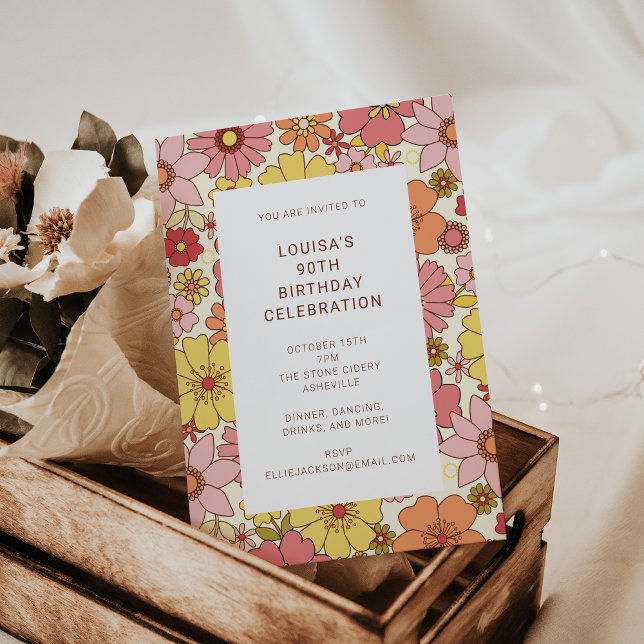 Retro Boho Pink Yellow Floral 90th Birthday Party Invitation (Creator Uploaded)