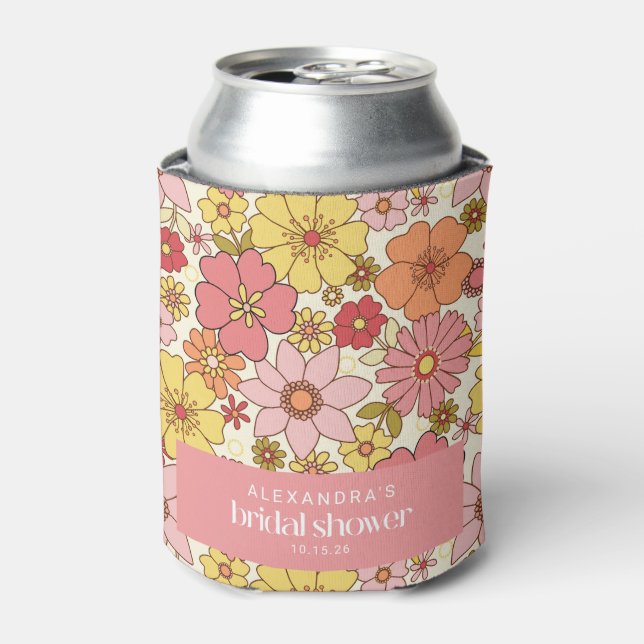 Retro Boho Pink Yellow Floral Bridal Shower Custom Can Cooler (Can Front)