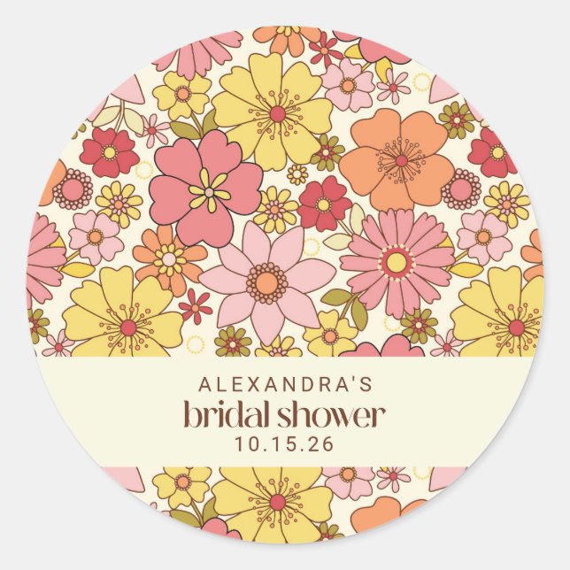 Retro Boho Pink Yellow Floral Bridal Shower Custom Classic Round Sticker (Front)