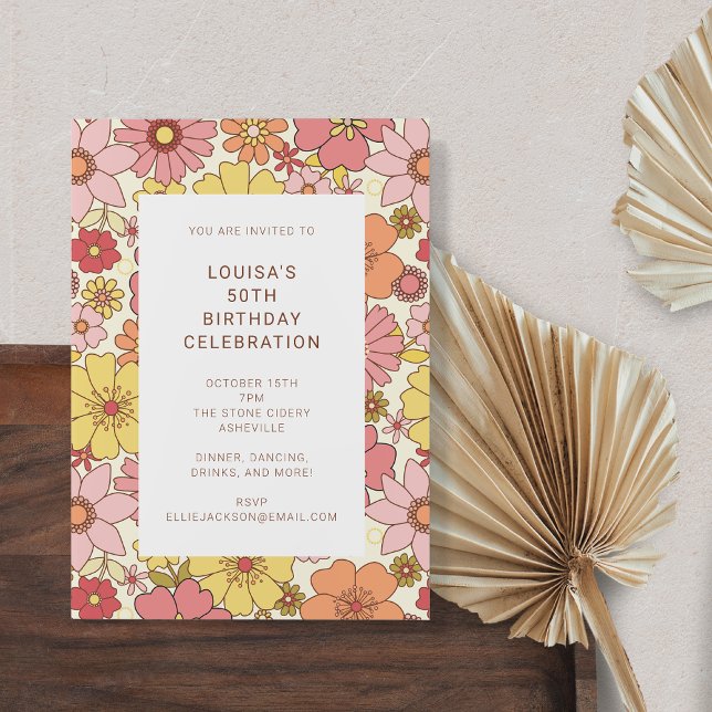 Retro Boho Pink Yellow Floral Cute Birthday Party Invitation (Creator Uploaded)