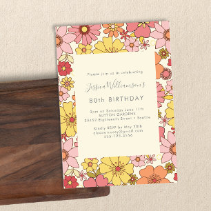 Retro Boho Pink Yellow Floral Groovy 80th Birthday Invitation