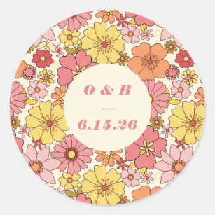 Retro Boho Pink Yellow Floral Wedding Monogram Classic Round Sticker