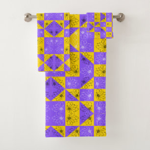Retro Boho Purple & Yellow Daisy Chequerboard Bath Towel Set