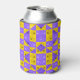 Retro Boho Purple & Yellow Daisy Chequerboard Can Cooler