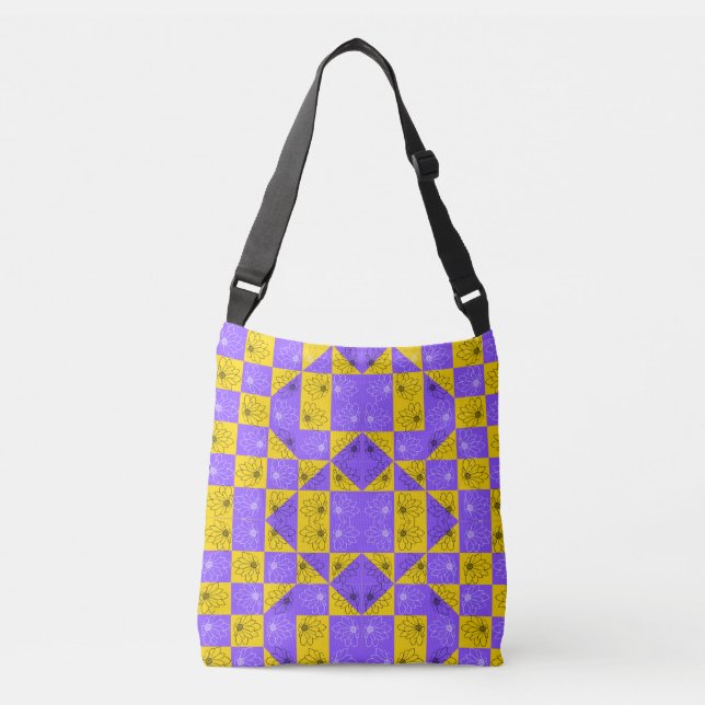 Retro Boho Purple & Yellow Daisy Chequerboard Crossbody Bag (Front)