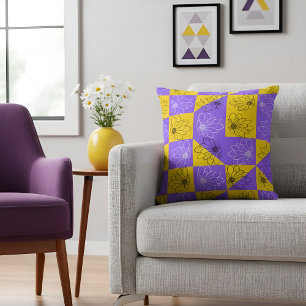 Retro Boho Purple & Yellow Daisy Chequerboard Cushion