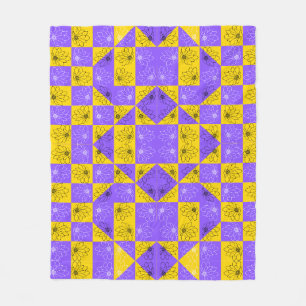 Retro Boho Purple & Yellow Daisy Chequerboard Fleece Blanket