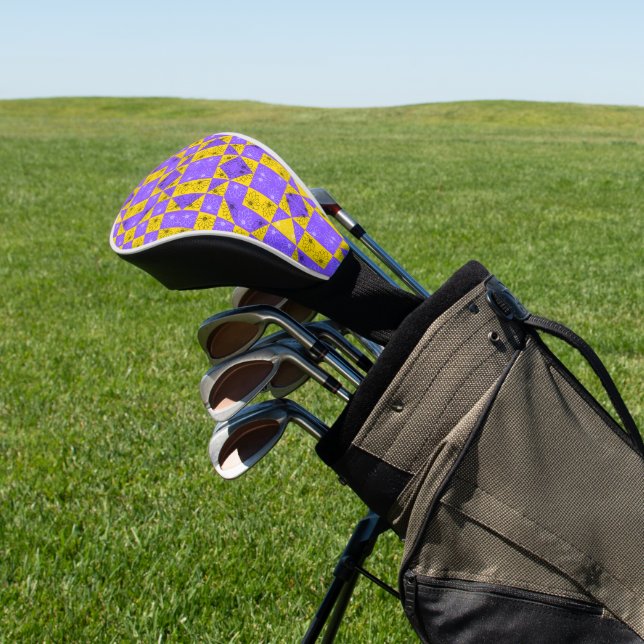 Retro Boho Purple & Yellow Daisy Chequerboard Golf Head Cover (In Situ)