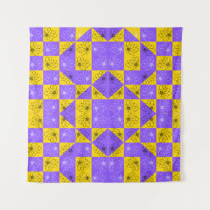 Retro Boho Purple & Yellow Daisy Chequerboard Tapestry