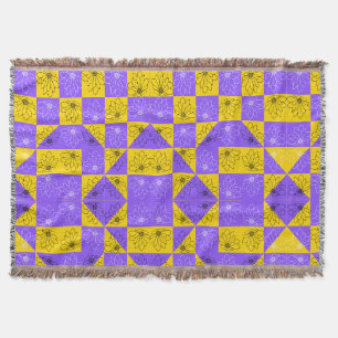 Retro Boho Purple & Yellow Daisy Chequerboard Throw Blanket