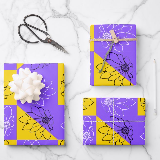 Retro Boho Purple & Yellow Daisy Chequerboard Wrapping Paper Sheet (Front)