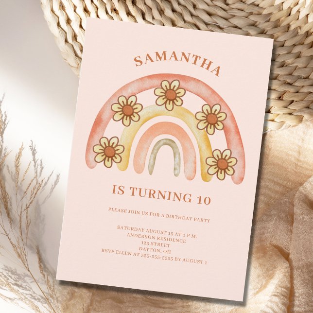 Retro Boho Rainbow 10th Birthday Party  Invitation (Creator Uploaded)