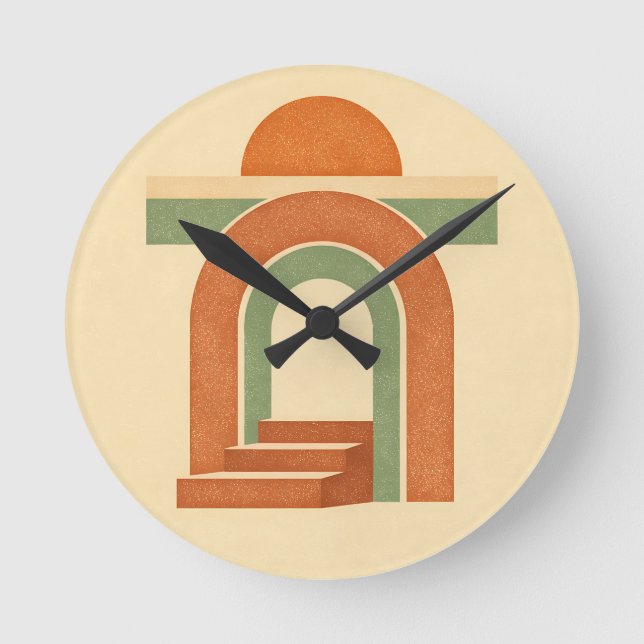 Retro Boho Rainbow Arch Minimalist Design Round Clock (Front)