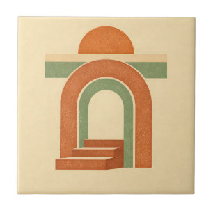 Retro Boho Rainbow Arch Minimalist Design Tile