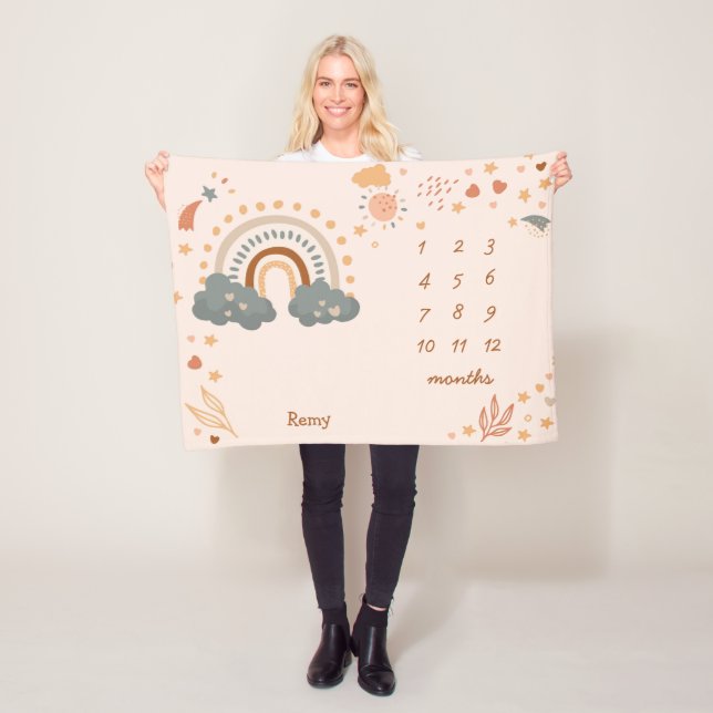 Retro Boho Rainbow Rust Baby Milestone Months Fleece Blanket (In Situ)