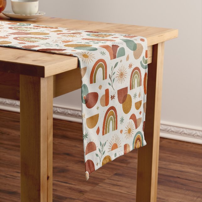 Retro Boho Rainbow Sun Geometric Illustration Short Table Runner (In Situ)