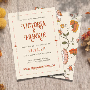 Retro Boho Red Pink Yellow Floral Pattern Wedding Invitation
