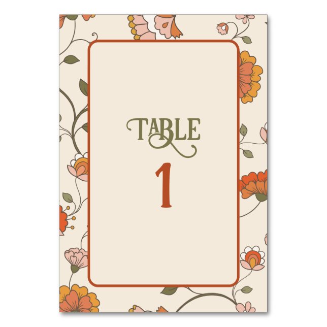 Retro Boho Red Yellow Floral Pattern Table Card (Front)