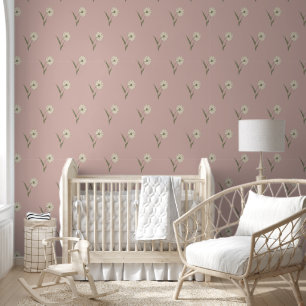Retro Boho Scattered Wildflower Daisy Pattern Pink Wallpaper