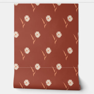 Retro Boho Scattered Wildflower Daisy Pattern Red Wallpaper