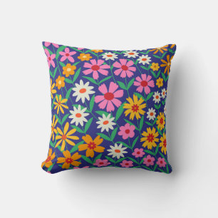 Retro Boho Spring Colourful Flowers on Navy Blue  Cushion