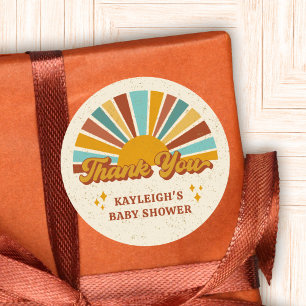 Retro Boho Sun Baby Shower Thank You Name Classic Round Sticker