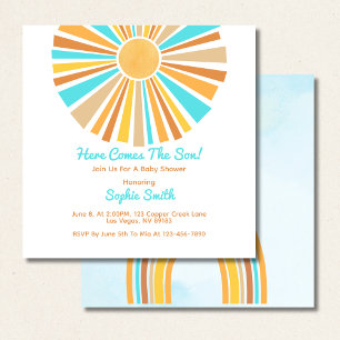 Retro Boho Sunshine, Here Comes The Son, Rainbow Invitation