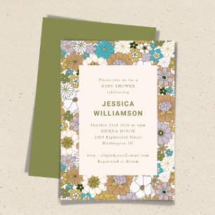 Retro Boho Teal Brown Floral Cute Baby Shower Invitation