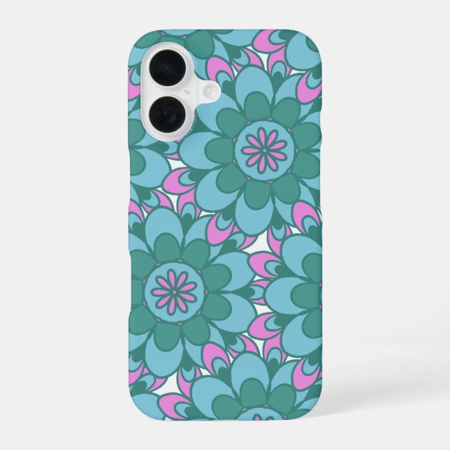 Retro Boho Teal Mandala Flower Pattern  iPhone 16 Case (Back)