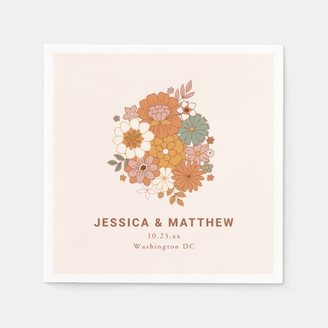 Retro Boho Terracotta Floral Custom Name Wedding  Napkin (Front)