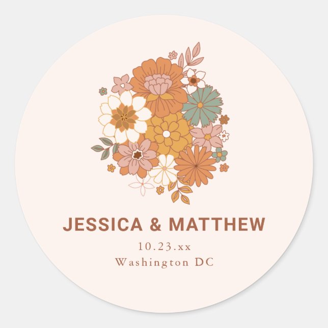 Retro Boho Terracotta Floral Custom Names Wedding  Classic Round Sticker (Front)