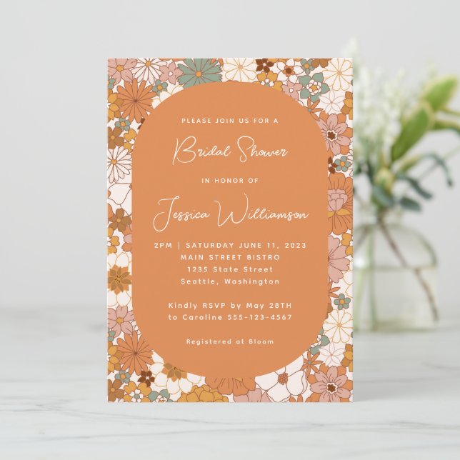 Retro Boho Terracotta Floral Trendy Bridal Shower Invitation (Standing Front)