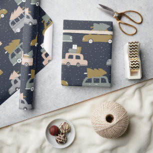 Retro Boho Vintage Car and Christmas Tree Pattern Wrapping Paper