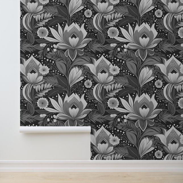 Retro Boho Vintage Floral Grayscale Large Wallpaper (Application)
