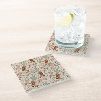 Retro Boho Western Cactus & Floral Cowboy Boot Glass Coaster
